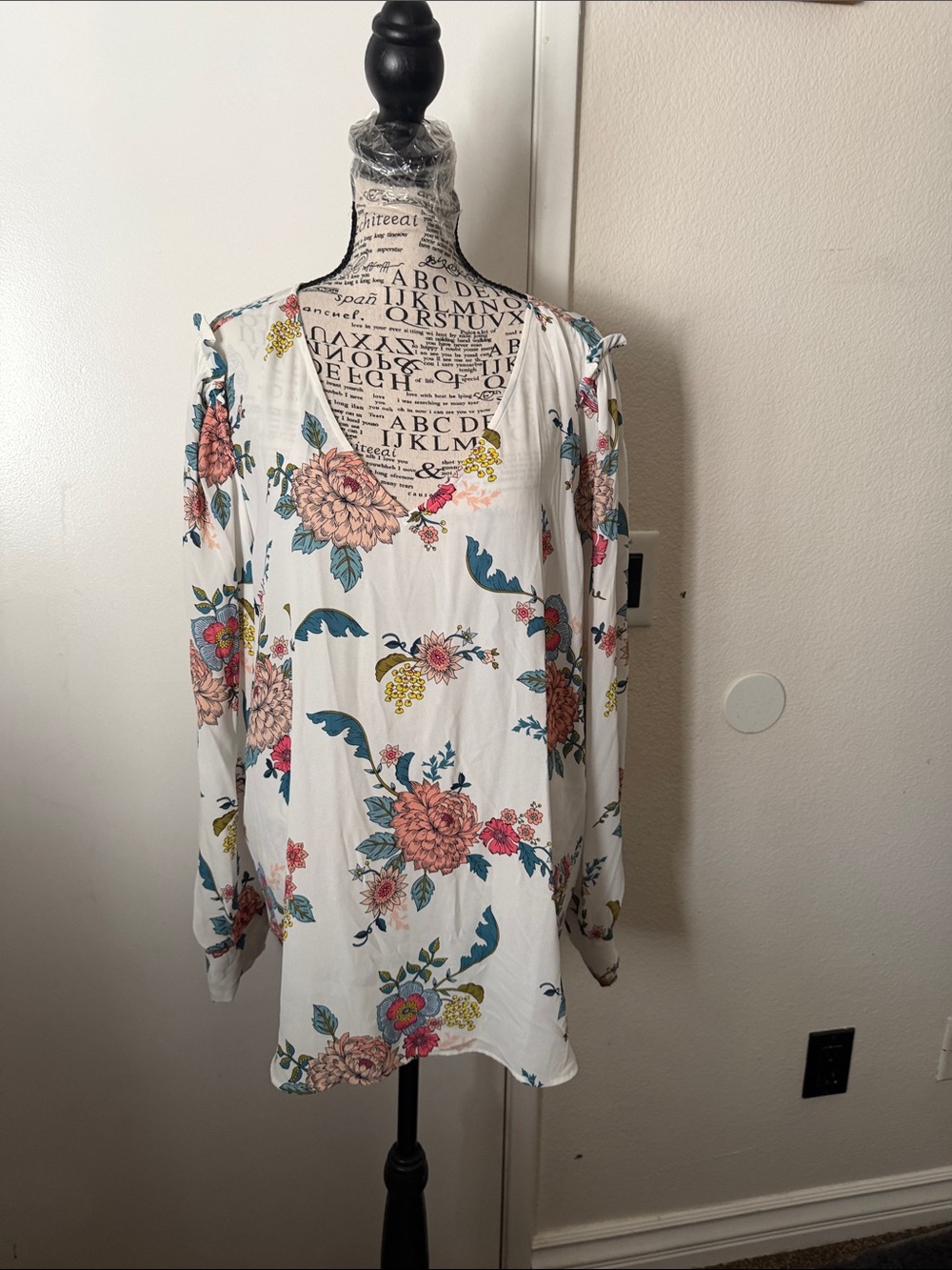 LOFT White Floral V-Neck Tunic with Pink & Teal Accents